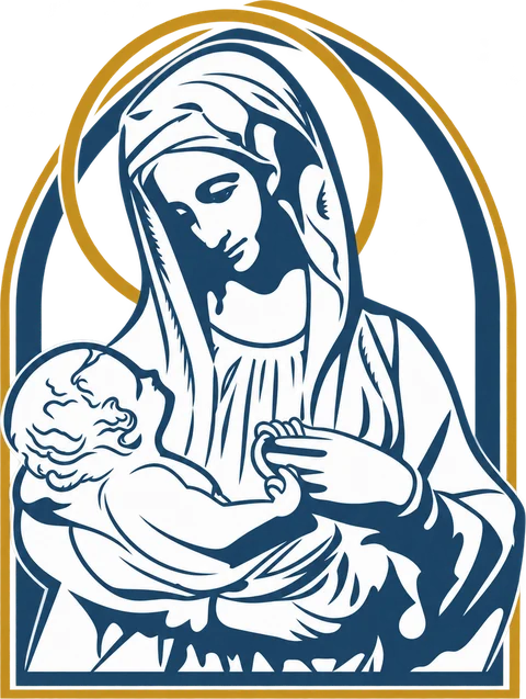 Marca da paróquia: Nossa Senhora com o Menino Jesus nos braços, sob um arco, com um halo dourado